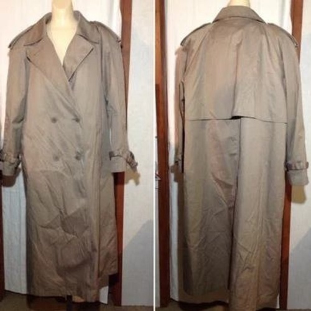 Vintage Khaki Double Breasted Trench Coat Tan Longline Belted Overcoat Size 18R